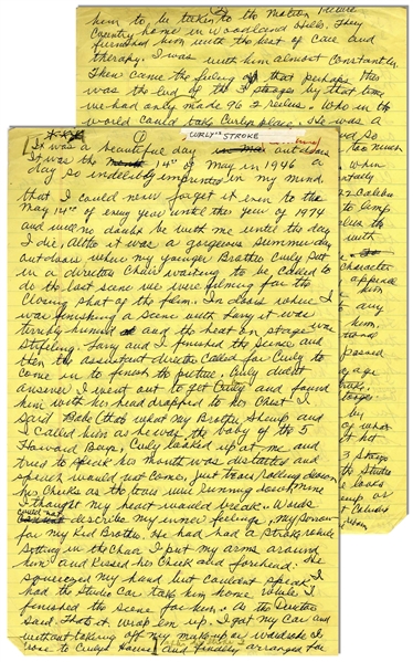 Moe Howard's Handwritten Manuscript Page When Writing His Autobiography -- Moe Remembers Curly's Stroke: ''found him with his head dropped to his chest'' -- Two Pages on One 8'' x 12.5'' Sheet